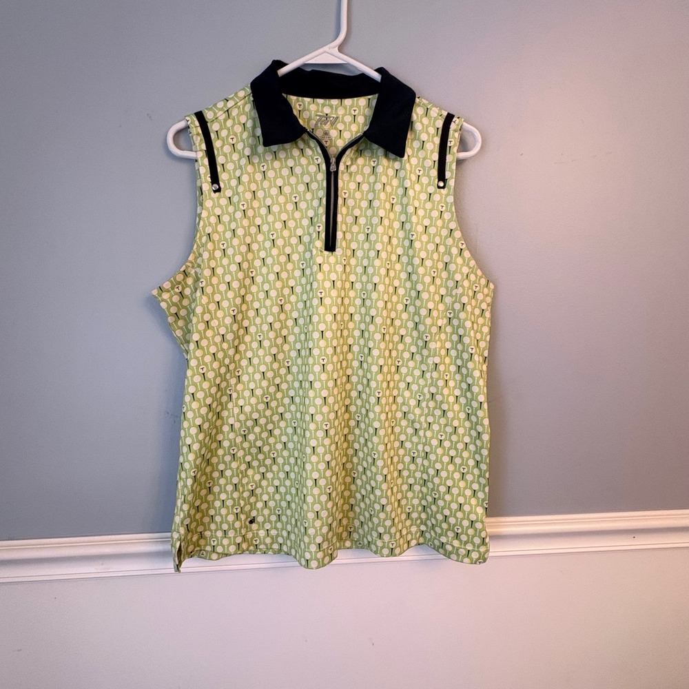 Tail Womens Golf Polo Shirt XL Lime Green Golf Ball Tee Print Sleeveless Zip Top